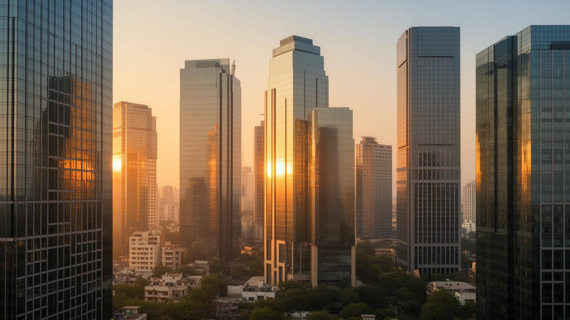 Indian business district skyline at golden hour