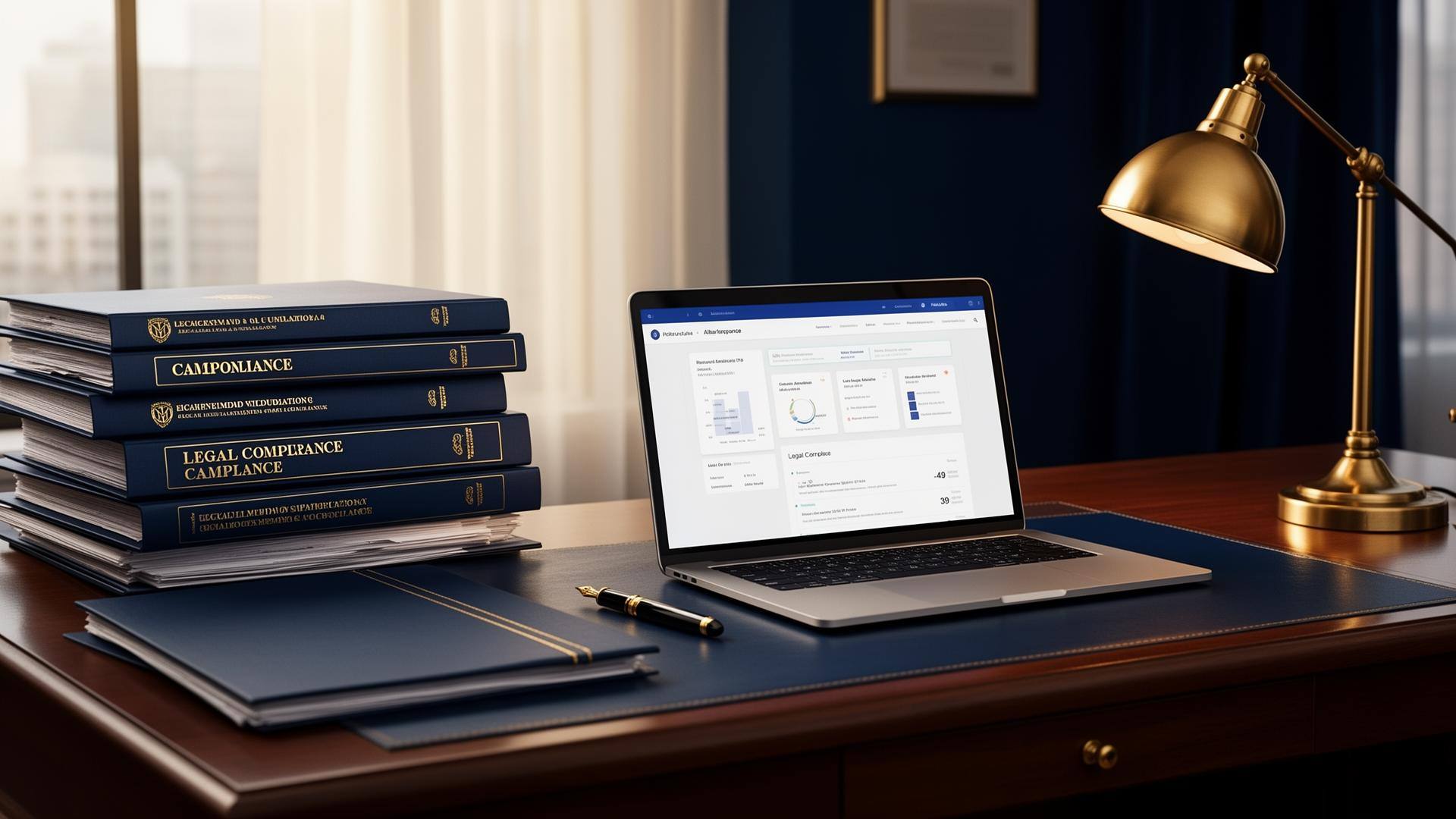Organized compliance workspace with legal folders and dashboard